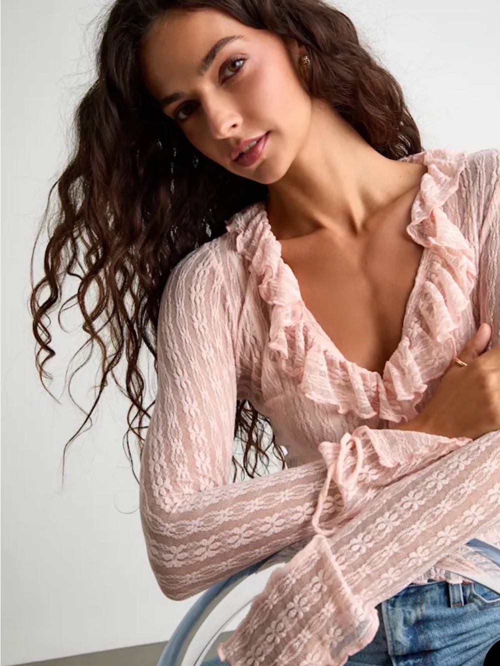 Lulu's Soft Blush Pink Ruffle Lace Long-Sleeve Top